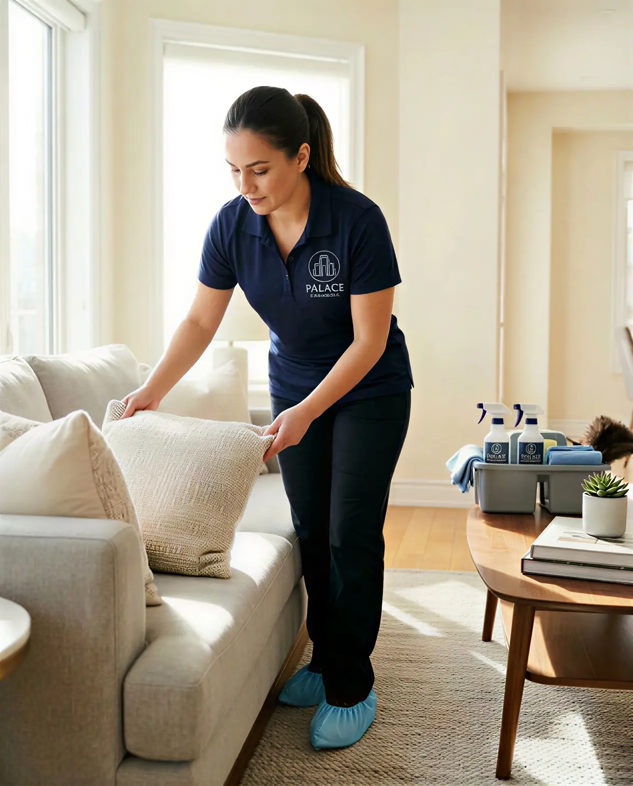 Palace Cleaning team member detailing a living room in a Durham Region home.